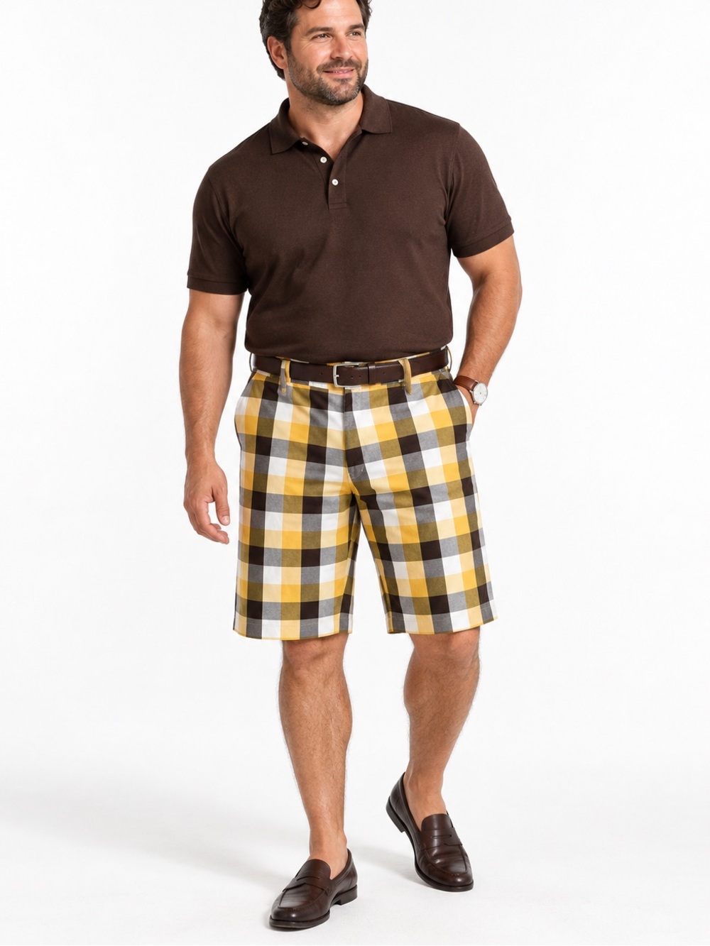 P.J. Mark Men’s Plaid Bermuda Skater Shorts Size 40 Yellow Brown Check